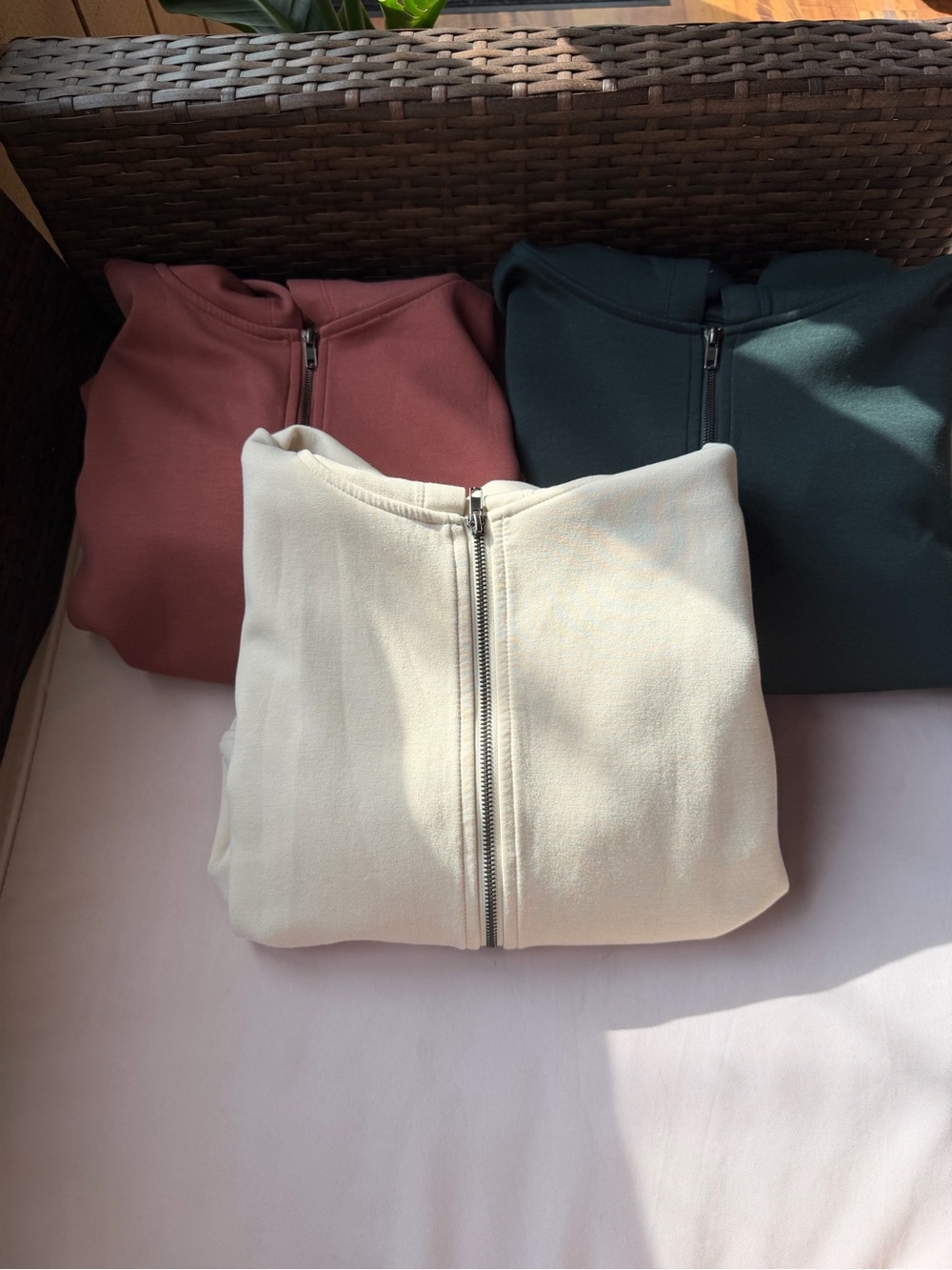 a new day Zip-Front Bomber Jacket Trio in Cream, Dusty Rose, and Deep Green